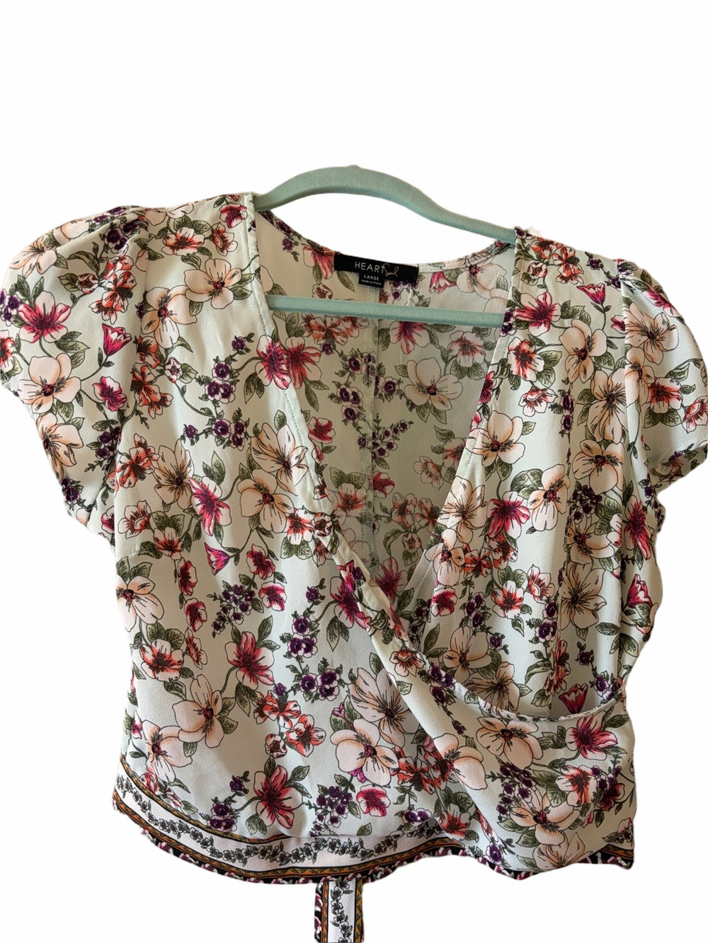 Faux wrap crop top, Mint floral, Key hole back size Large by Heart and Soul.